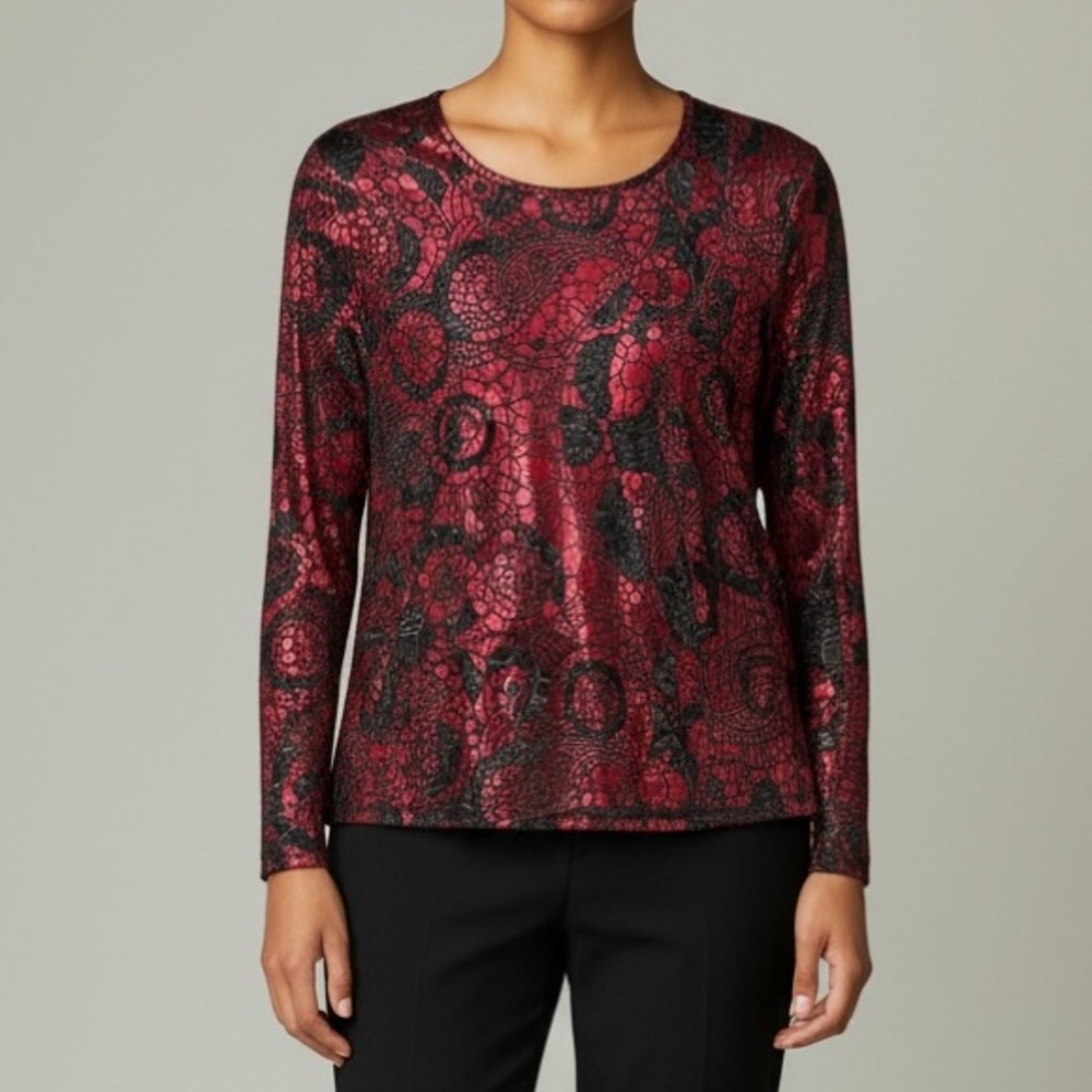 Vintage Red Velvet Burnout Top Sheer Floral Spider Web‎ Witchy Whimsigoth Sz M